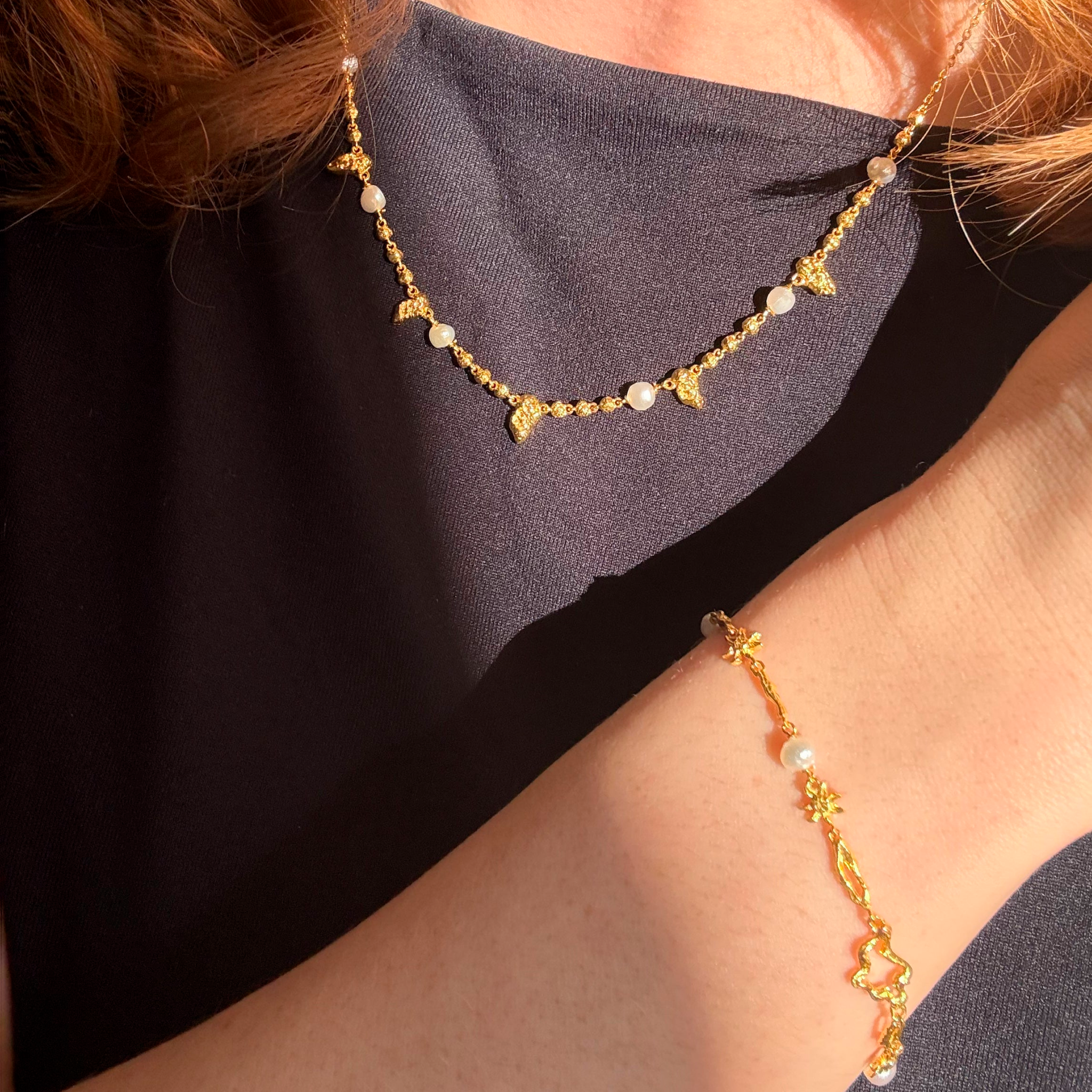 Leaf Perle Halskæde Guldbelagt