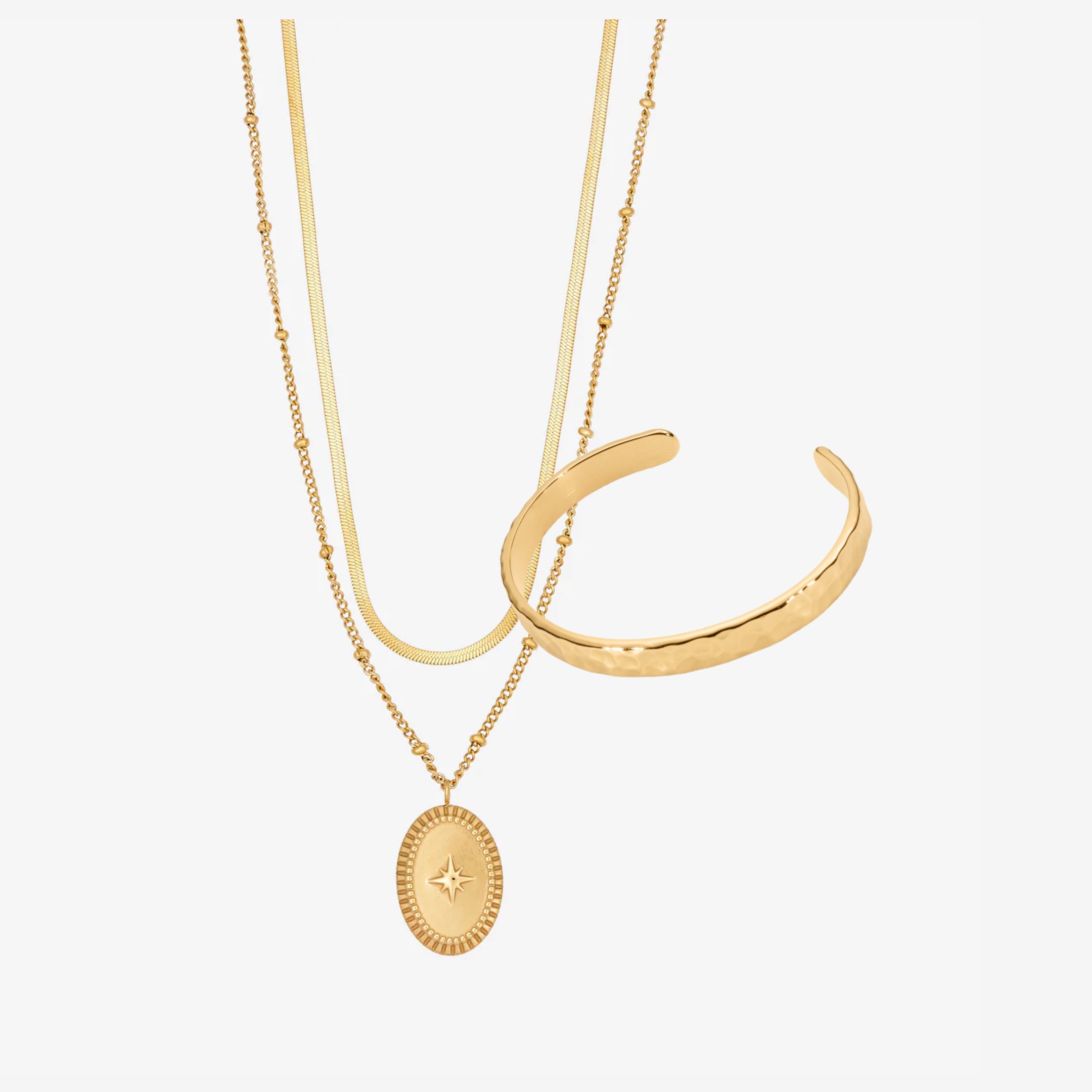 Hamret Double Halskæde Sæt: 1 halskæde & 1 armbånd