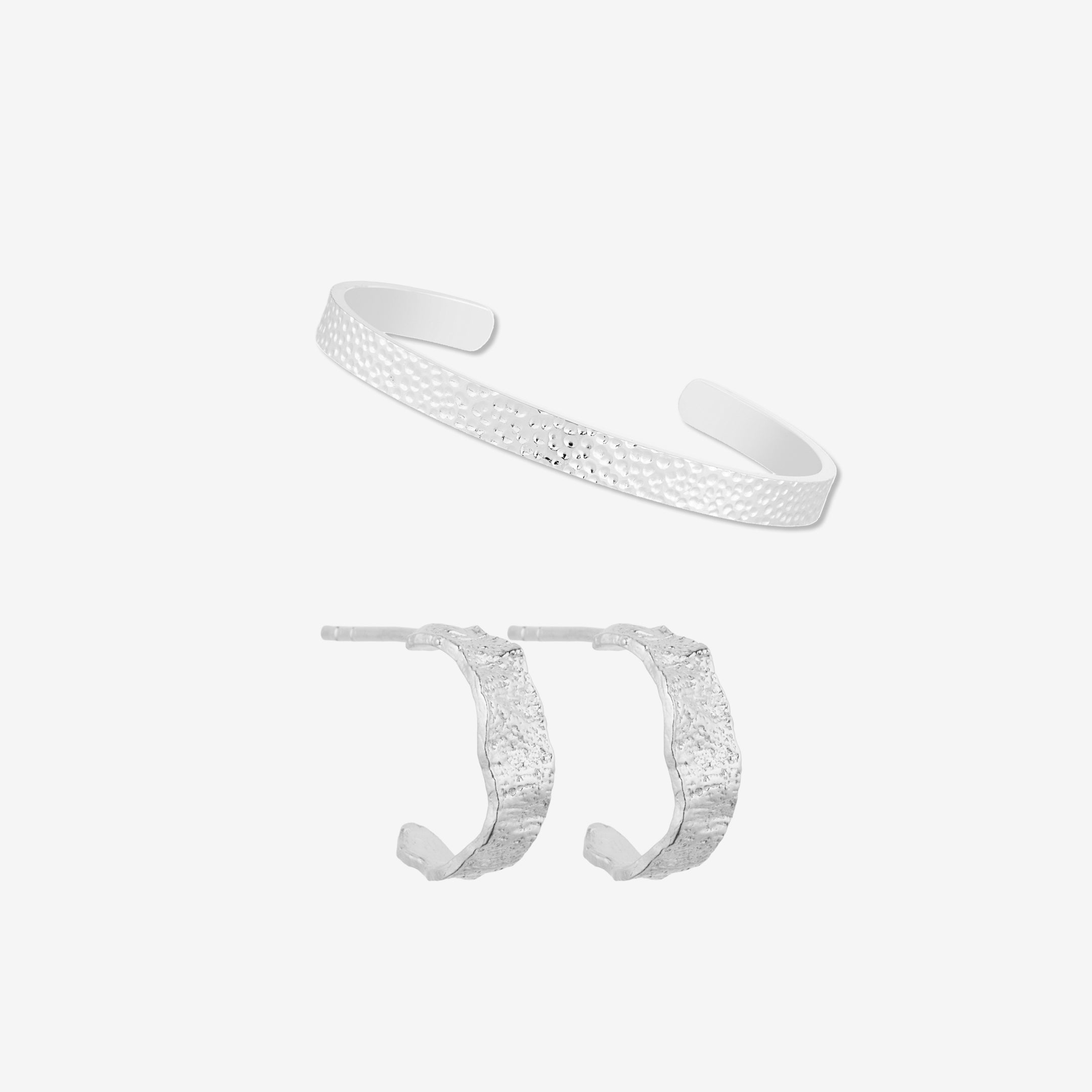 Hamret Bangle og Hoops Sølv Sæt