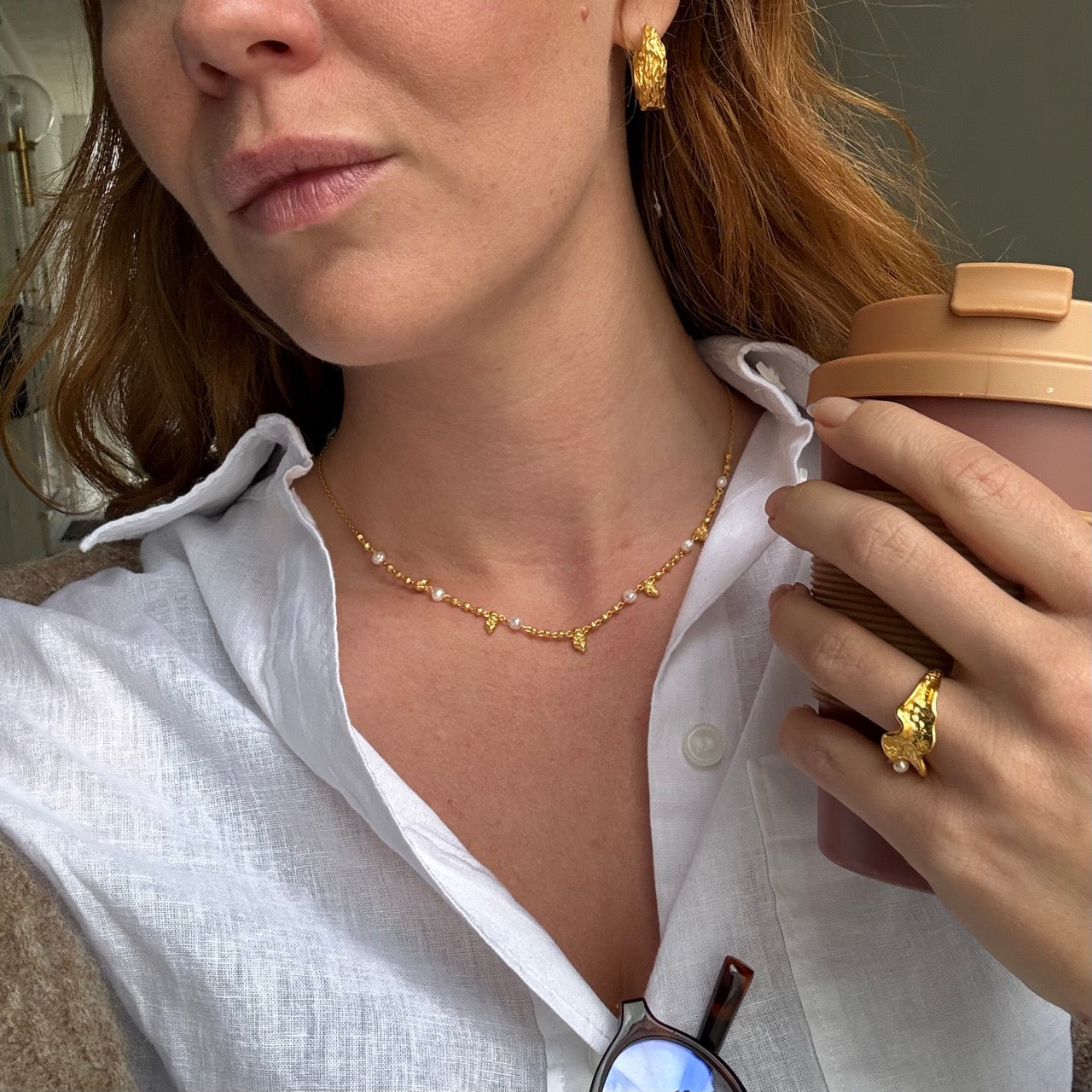 Leaf Perle Halskæde Guldbelagt