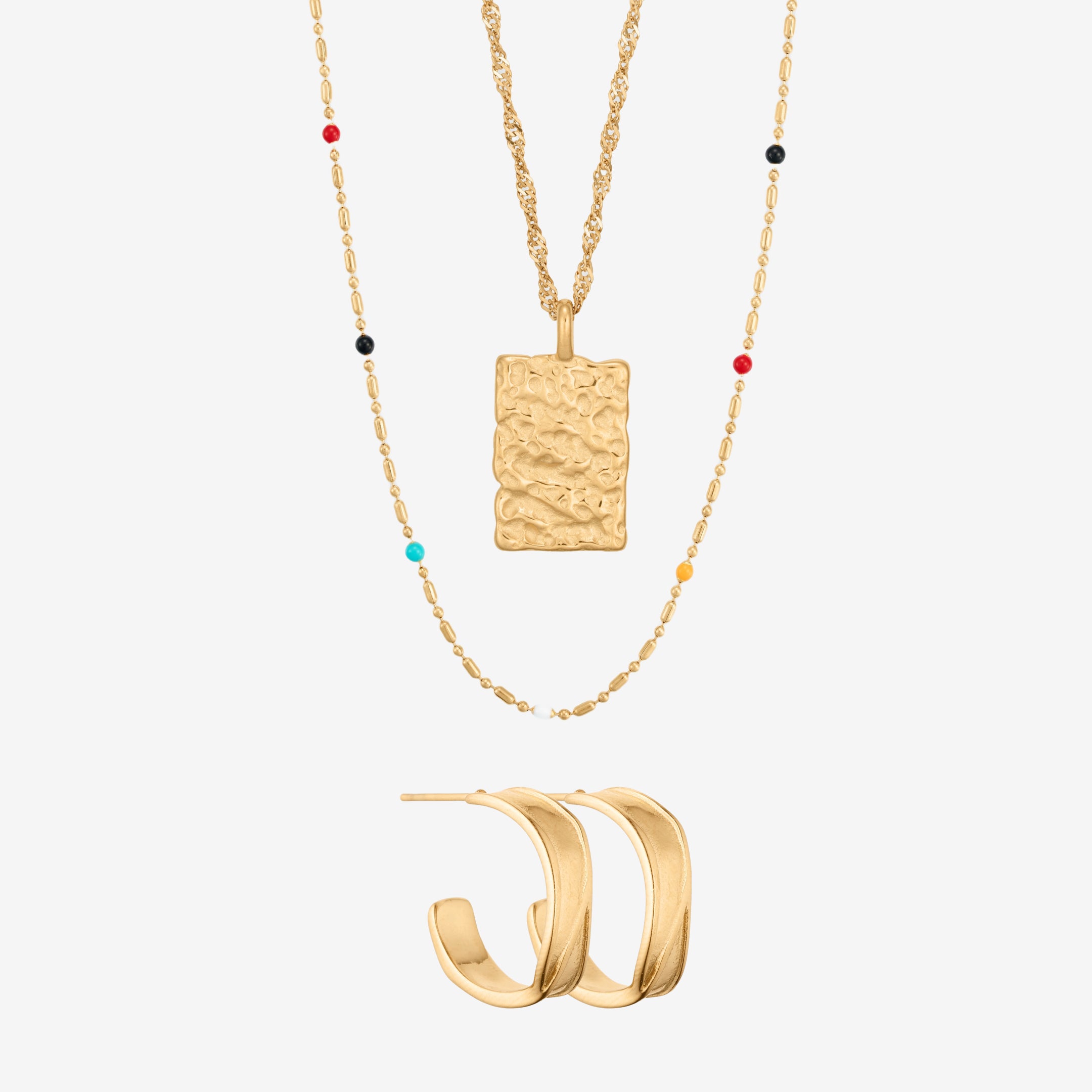 Multi og Chunky Hoop Sæt: 2 halskæder & 1 ørering