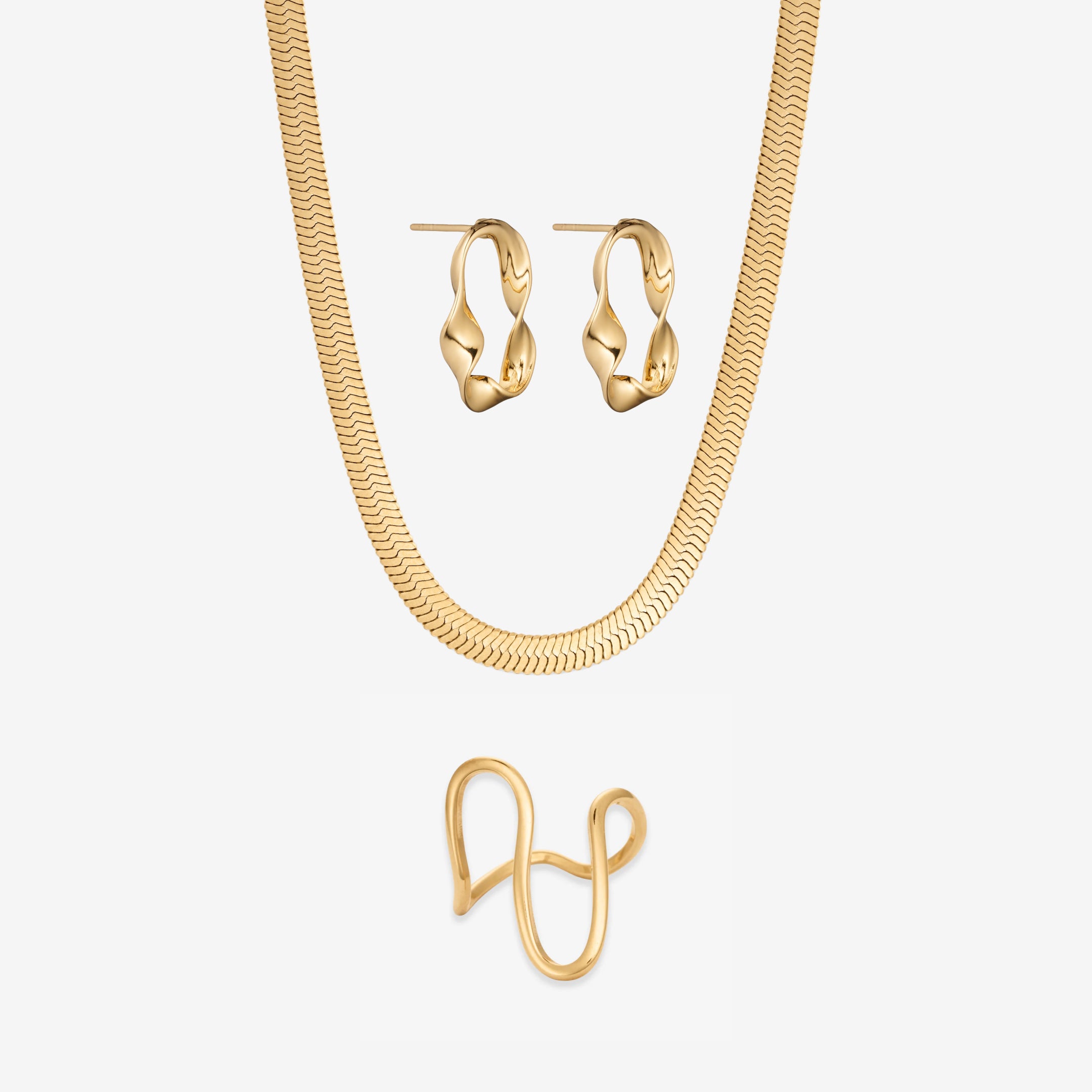 Wave og Slange Sæt: 1 halskæde, 1 ørering & 1 ring