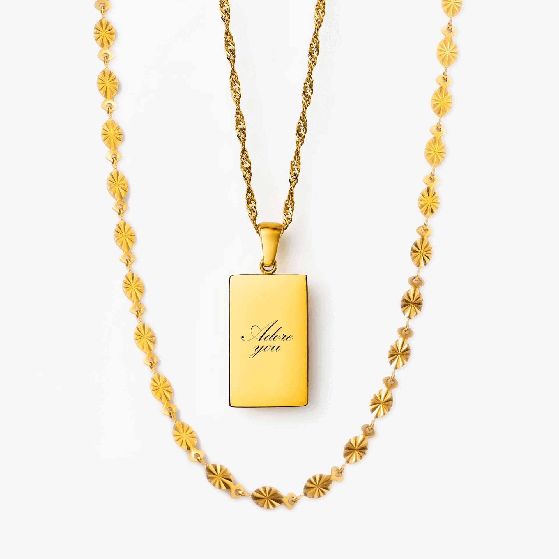 Sun Firkant m. indgravering & Sun Halskæde Sæt