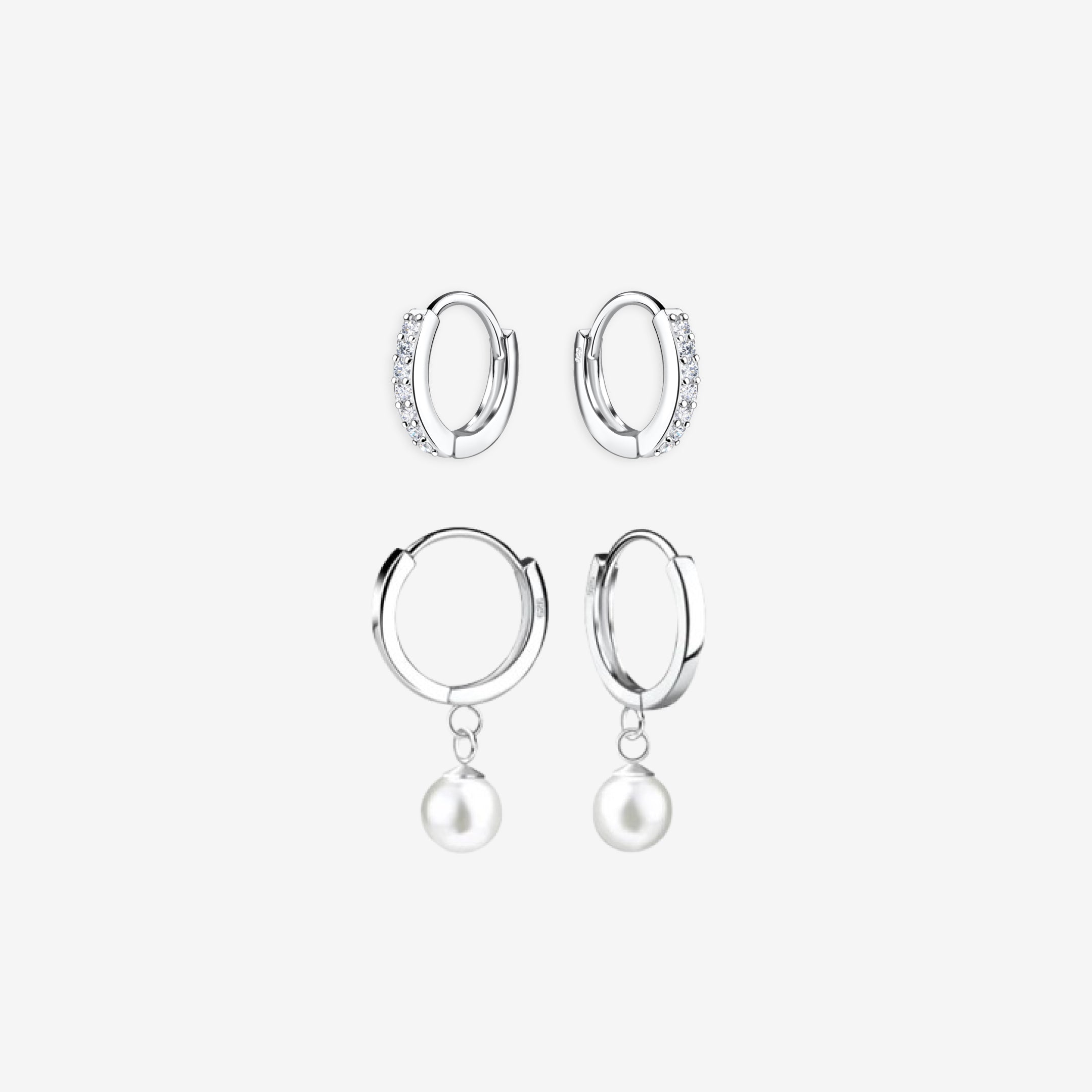 Krystal Perle Hoop Sølv Sæt