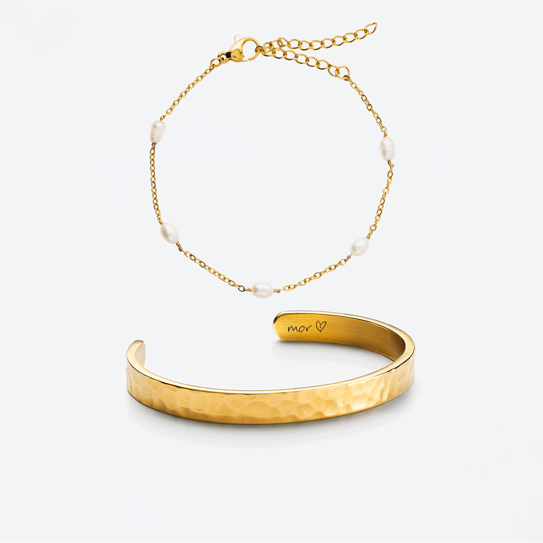 Hamret Bangle m. indgravering & Dot Perlearmbånd Sæt