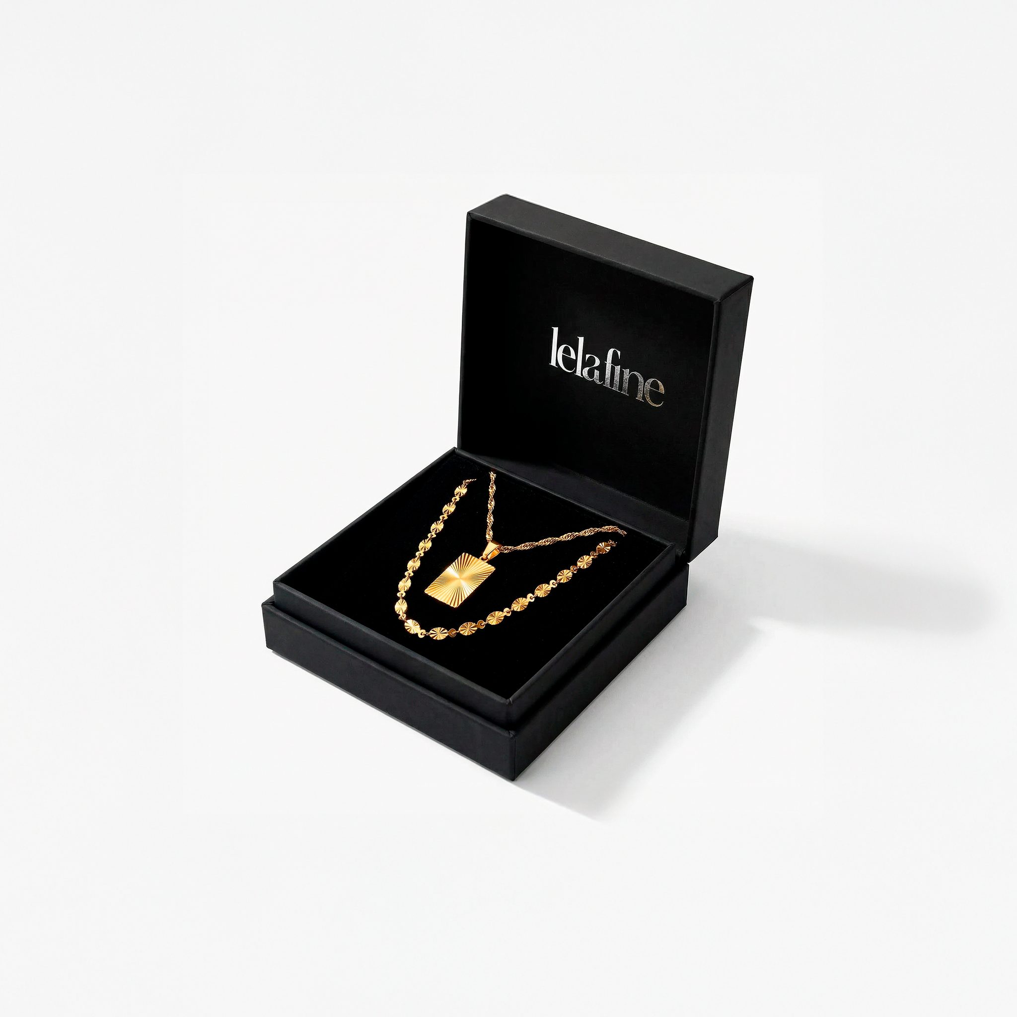 Sun Firkant m. indgravering & Sun Halskæde Sæt